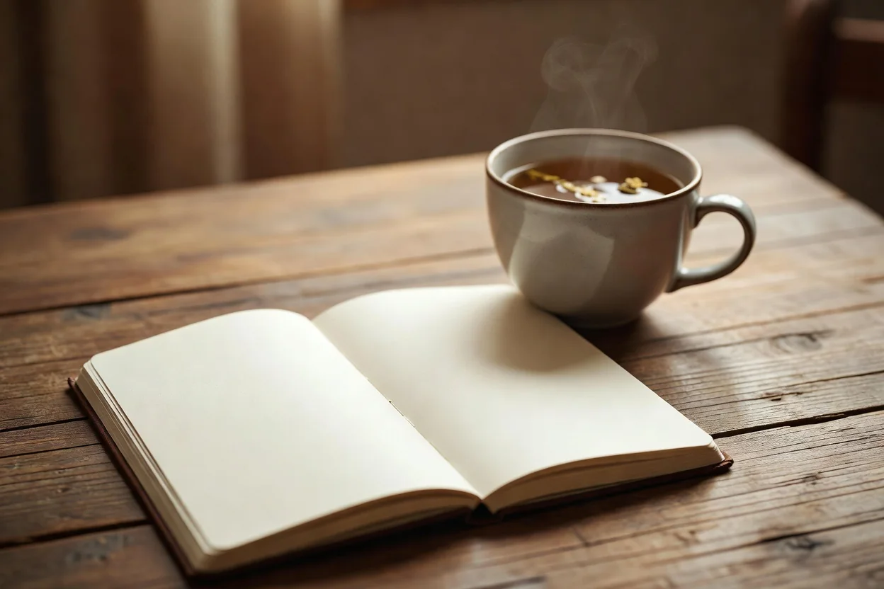 Chávena de chá e caderno de notas numa mesa de madeira