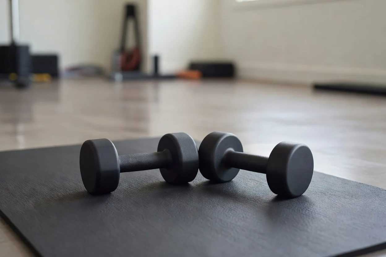Par de halteres sobre um tapete de exercício