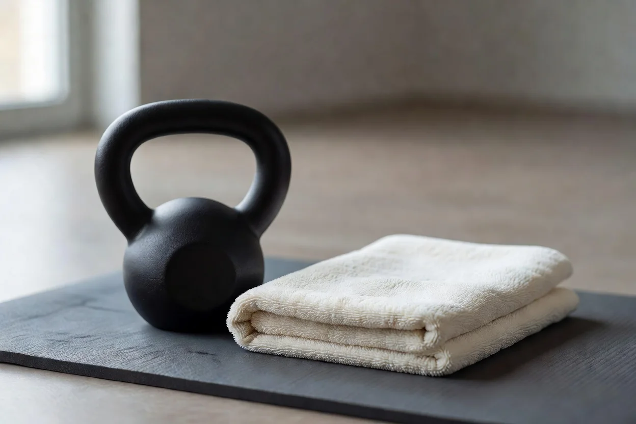 Kettlebell e toalha sobre o tapete de treino