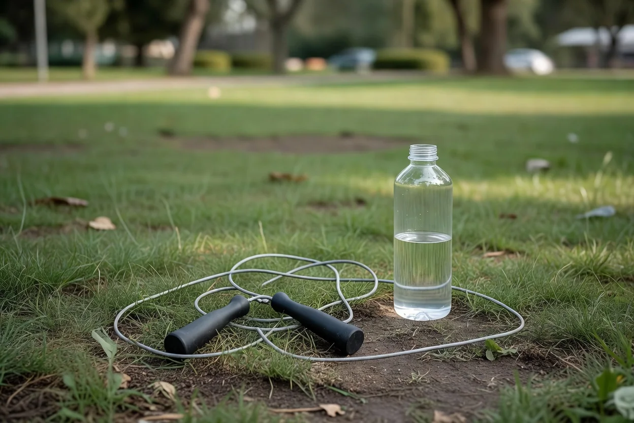 Corda de saltar e garrafa de água no chão do parque
