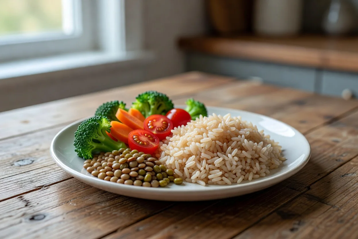 Prato com legumes, arroz integral e leguminosas