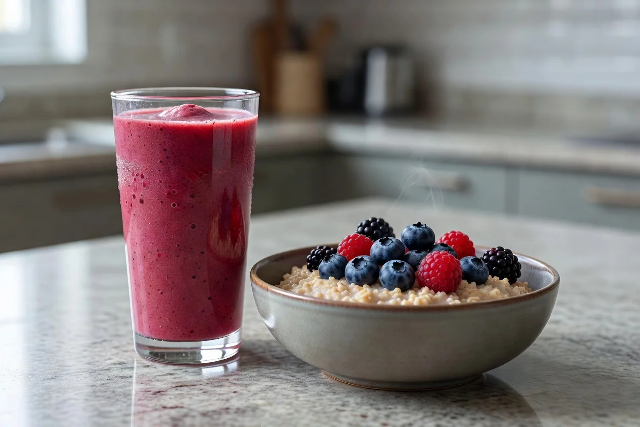 Batido de fruta e tigela de aveia na bancada
