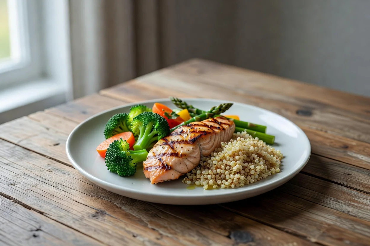 Prato equilibrado com legumes, proteína e cereais integrais