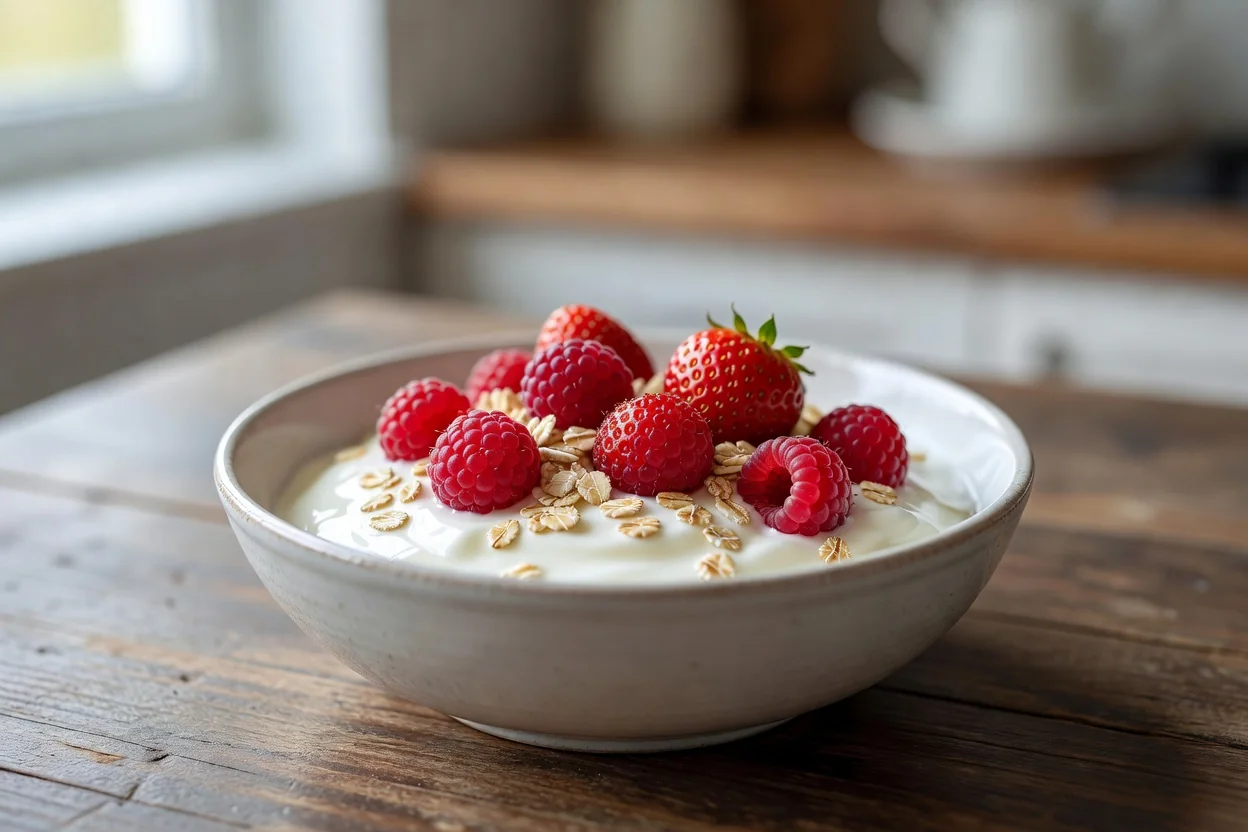 Tigela de iogurte com frutos vermelhos e aveia