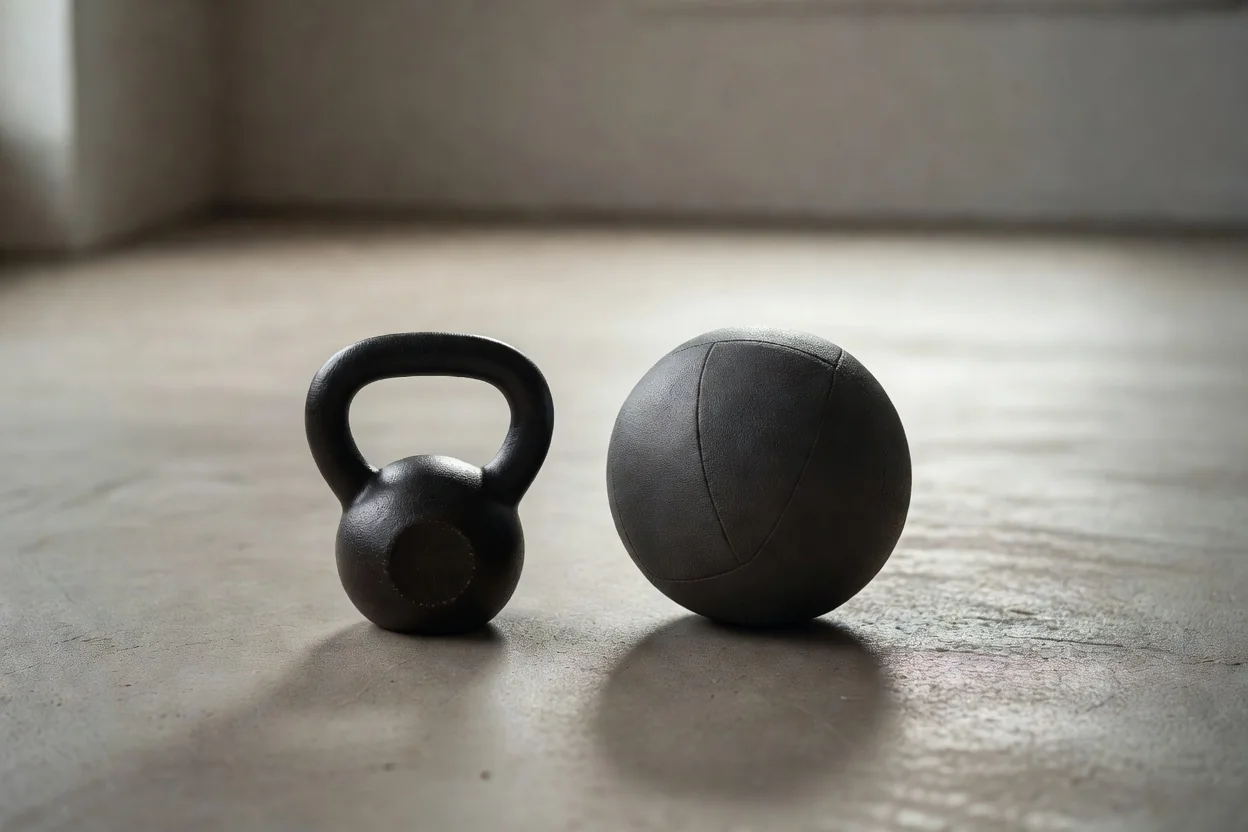 Kettlebell e bola medicinal no chão